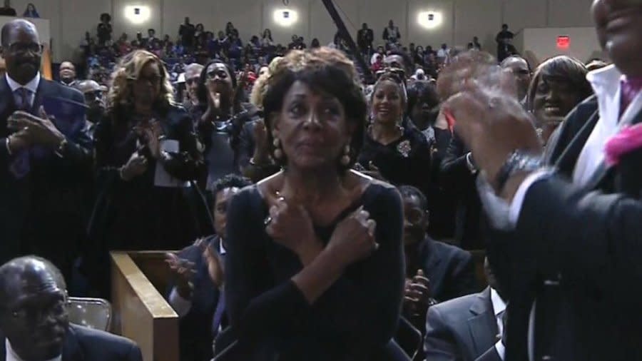 <em>Rep. Maxine Waters (D-Calif.) flashes the Wakanda Forever sign. Waters lead a panel of wealthy business people at the Congressional Black Caucus legislative forum.</em>