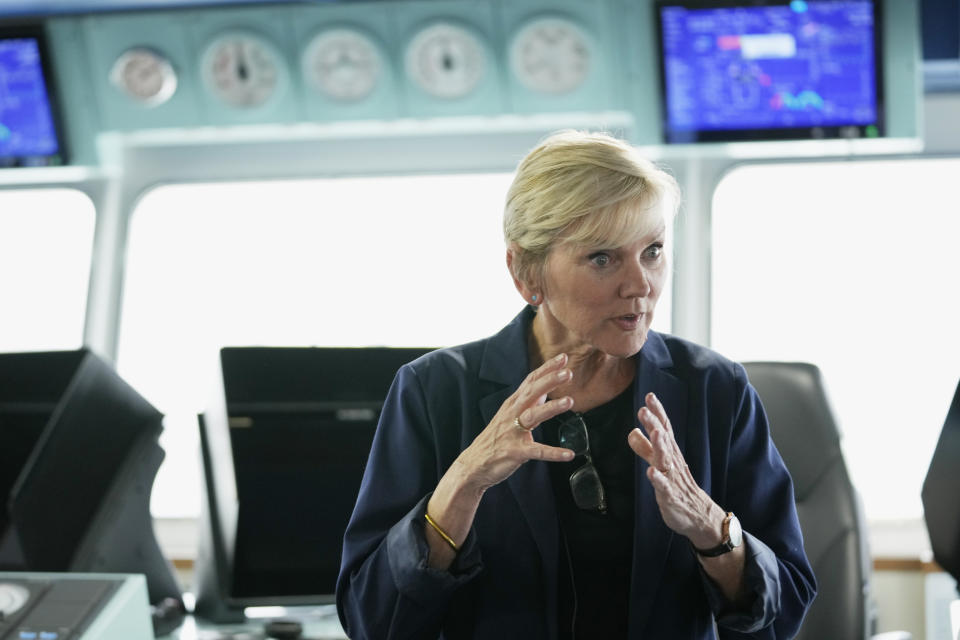 U.S. Energy Secretary Jennifer Granholm speaks during an interview with The Associated Press after touring a liquefied hydrogen carrier at a pier in Otaru, northern Japan, Friday, April 14, 2023. G-7 energy and environment ministers are meeting on the northern Japanese island of Hokkaido ahead of a summit next month. (AP Photo/Hiro Komae)