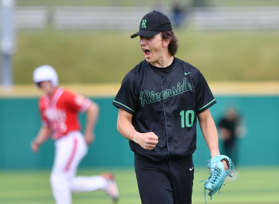 Riverside pitcher Christian Lucarelli reacts after striking a player out during Monday's PIAA class 3A semifinal playoff game against Punxsutawney at Slippery Rock University.