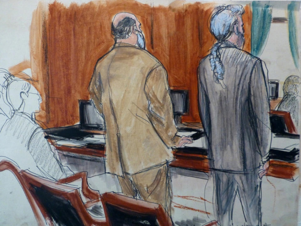 In this courtroom sketch, Sulaiman Abu Ghaith, center, in beige suit, stands next to his defense attorney Stanley Cohen Monday, March 3, 2014 during jury selection at the start of Abu Ghaith's trial in New York on charges that he conspired to kill Americans and support terrorists in his role as al-Qaida's spokesman after the Sept. 11 attacks. Abu Ghaith is Osama bin Laden's son-in-law and is the highest-ranking al-Qaida figure to face trial on U.S. soil since the Sept. 11 attacks. (AP Photo/Elizabeth Williams)