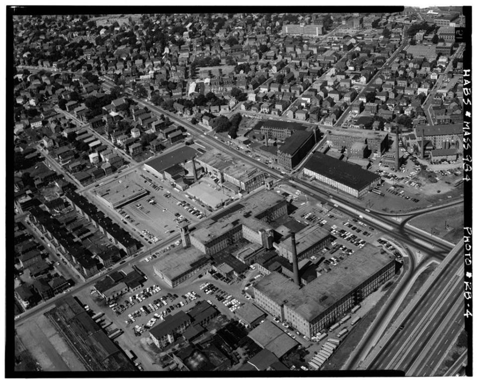 An aerial view of Fall River from the late 1960s shows the Richard Borden Manufacturing Co. complex, in the bottom right quadrant of the photo.
