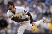 San Diego Padres starting pitcher Matt Waldron works against a Los Angeles Dodgers batter during the first inning of a baseball game, Saturday, May 11, 2024, in San Diego. (AP Photo/Gregory Bull)