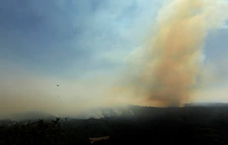 A firefighting helicopter passes by as smoke from Williams Canyon fills the sky during the Soberanes Fire near Carmel Valley, California, U.S. July 29, 2016. REUTERS/Michael Fiala