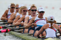 WINDSOR, ENGLAND - JULY 29: United States compete in Heat 1 of the Women's Eight on Day 2 of the London 2012 Olympic Games at Eton Dorney on July 29, 2012 in Windsor, England. (Photo by Alexander Hassenstein/Getty Images)