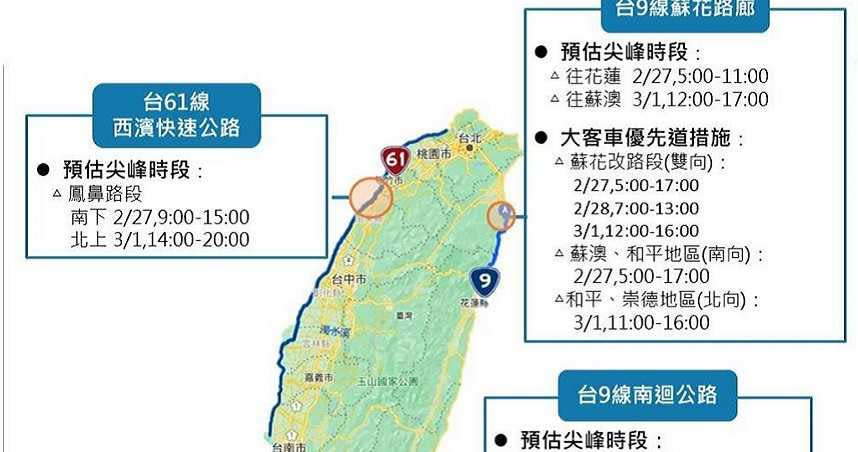 重點路線尖峰時段、易壅塞路段及大客車優先道措施圖。（圖／公路總局提供）