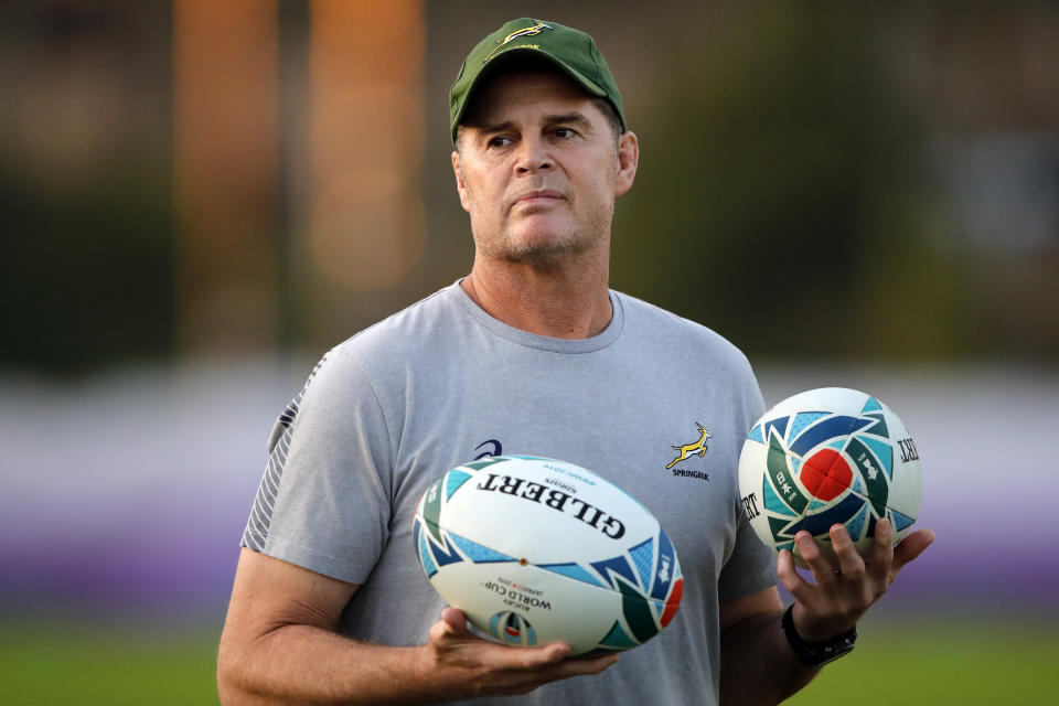 South Africa's coach Rassie Erasmus takes part in a training session in Urayasu, outside Tokyo, Japan, Wednesday, Oct. 30, 2019. The Springboks will play England in the Rugby World Cup final on Saturday Nov. 2. in Yokohama. (AP Photo/Christophe Ena)