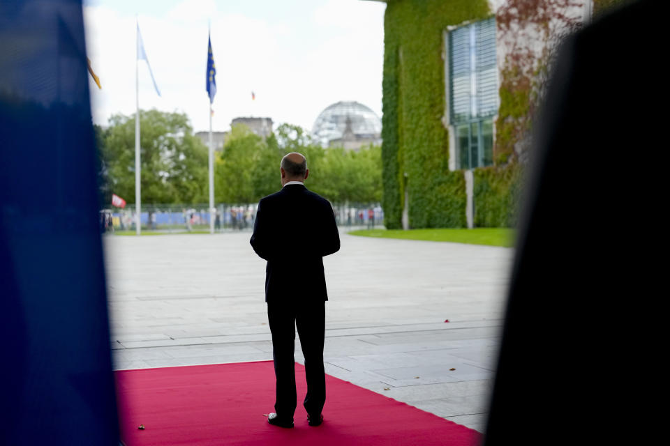 German Chancellor Olaf Scholz waits for the arrival of Argentina's President Javier Milei for talks at the chancellery in Berlin, Germany, Sunday, June 23, 2024. (AP Photo/Markus Schreiber)