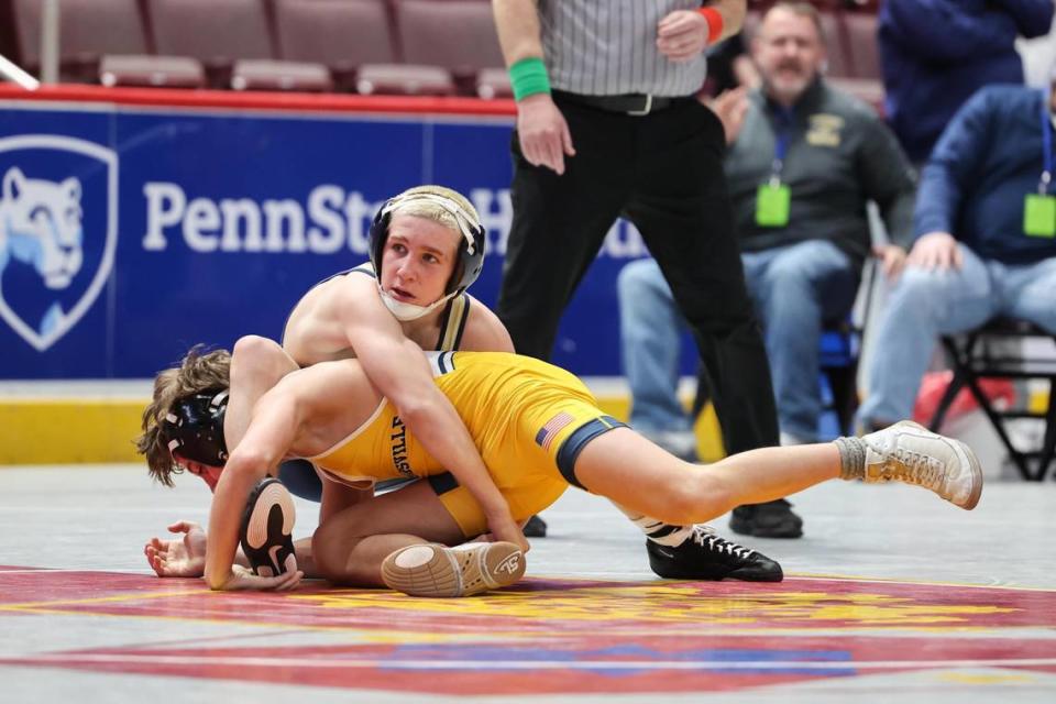 Bald Eagle Area’s Tanner Guenot controls Montoursville’s Aristotlis Bobotas in their 107-pound PIAA Class 2A consolation third round match on Friday, March 8, 2024 at the Giant Center in Hershey. Guenot edged Bobotas, 3-2, to earn a spot on the podium.