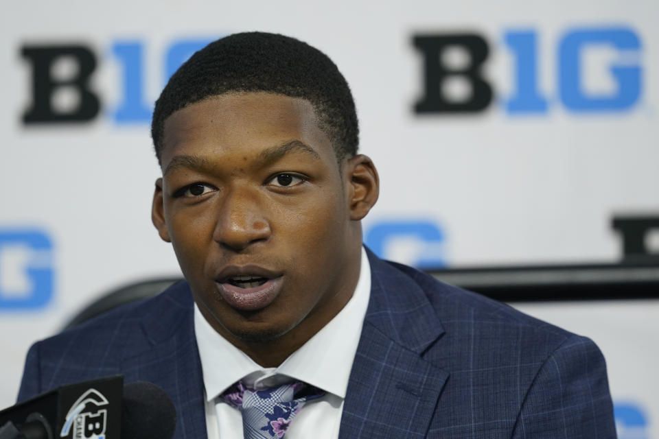 Purdue linebacker Jalen Graham talks to reporters during an NCAA college football news conference at the Big Ten Conference media days, at Lucas Oil Stadium, Wednesday, July 27, 2022, in Indianapolis. (AP Photo/Darron Cummings)