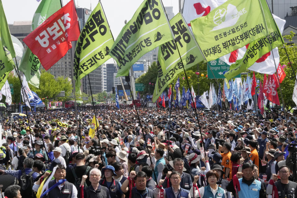 Members of the Korean Confederation of Trade Unions gather to attend a rally on May Day in Seoul, South Korea, Wednesday, May 1, 2024. (AP Photo/Ahn Young-joon)