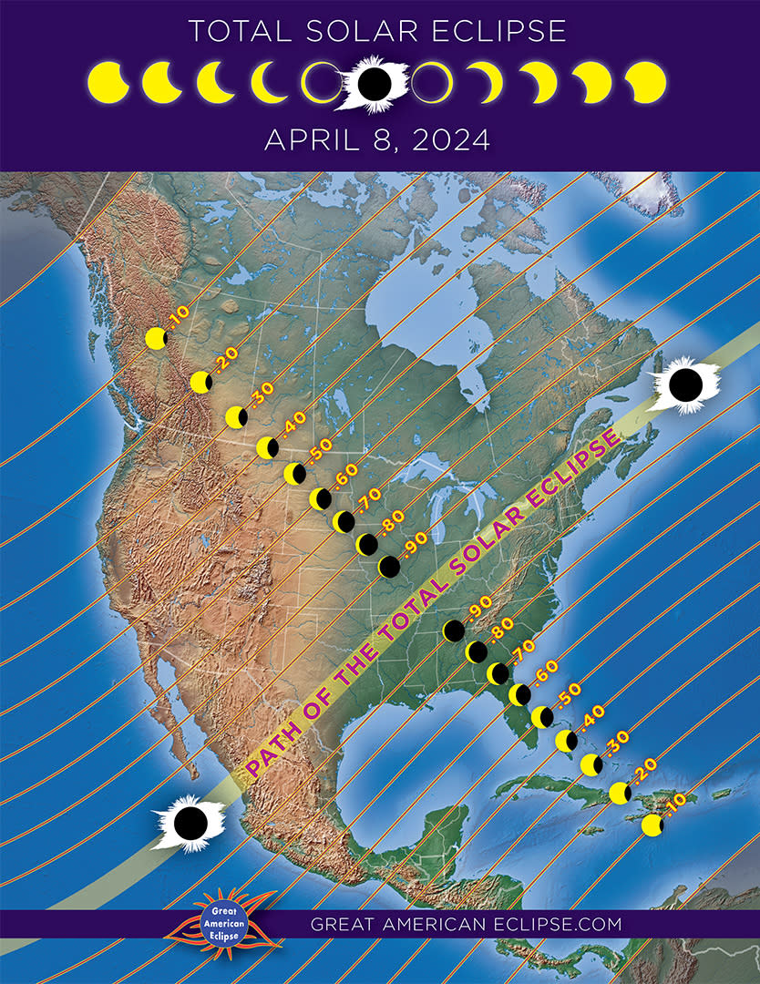 A map of total and partial eclipse coverage across North America on April 8, 2024.