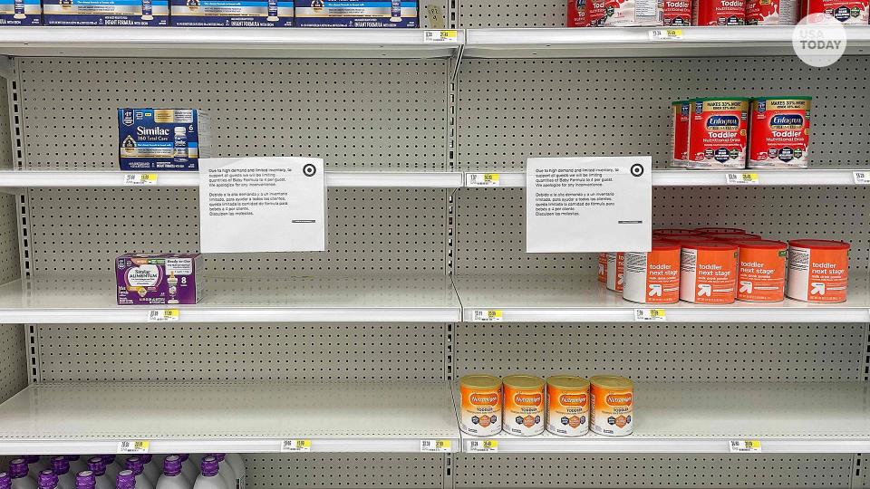 In this file photo taken on May 16, 2022 a sign stands next to a small amount of toddler nutritional drink mix at Target in Stevensville, Maryland as a nationwide shortage of baby formula continues due to supply chain crunches tied to the coronavirus pandemic that have already strained the countrys formula stock.