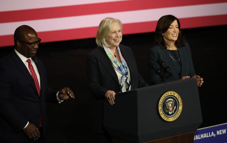 Sen. Kirsten Gillibrand delivers remarks as Rep. Jamaal Bowman and New York Governor Kathy Hochul look on before President Joe Biden delivers remarks as he makes an appearance at the Hankin Academic Arts Building at SUNY Westchester Community College in Valhalla, May 10, 2023. 