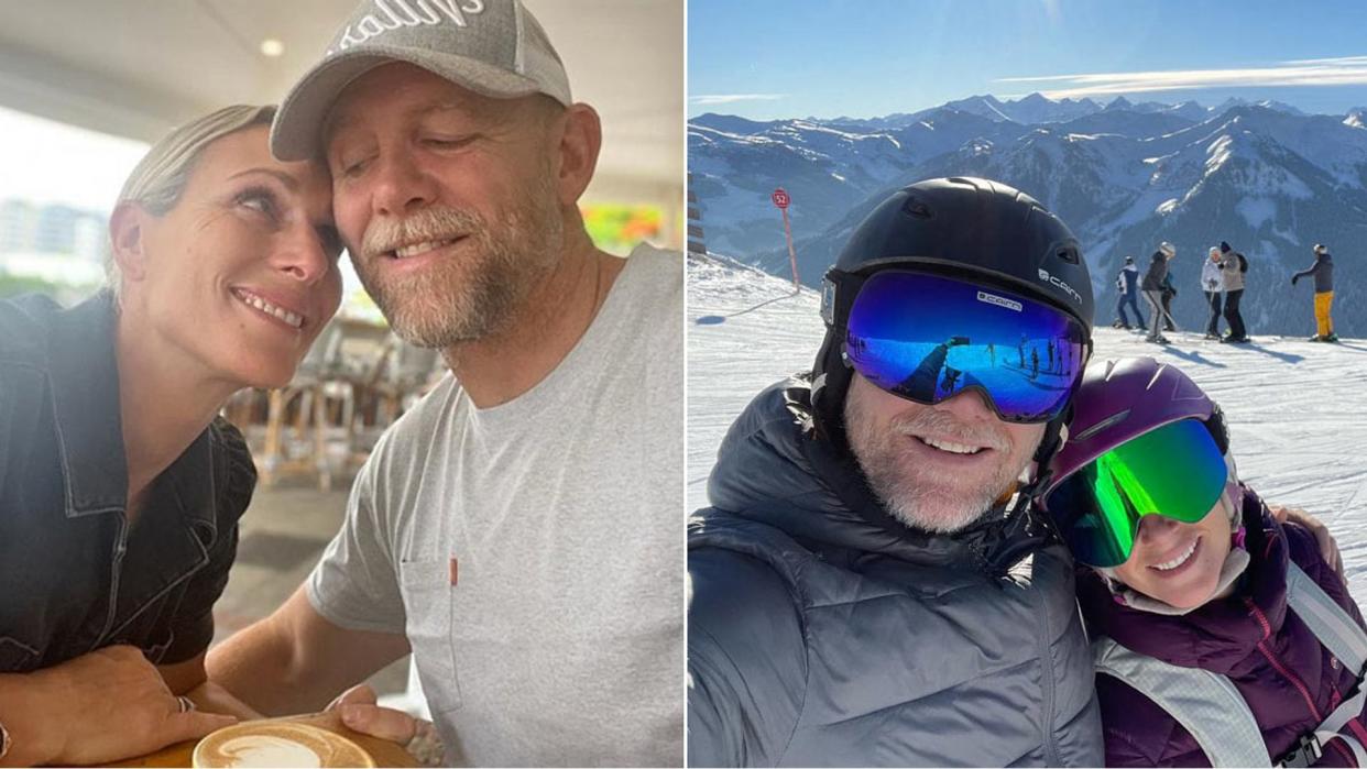 A split image of Mike and Zara skiing and in Australia