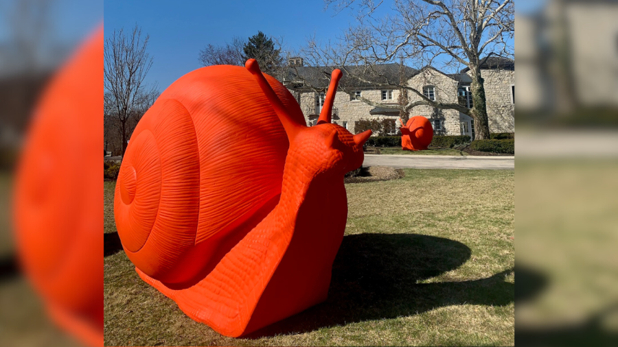 The three snails have been placed on the front lawn of the Dublin Arts Council at 7125 Riverside Drive. (Courtesy Photo/Dublin Arts Council)