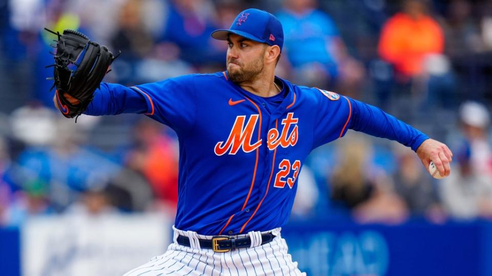 Mar 19, 2023;  Port St.  Lucie, Florida, USA;  New York Mets starting pitcher David Peterson (23) throws a pitch against the St.  Louis Cardinals during the first inning at Clover Park