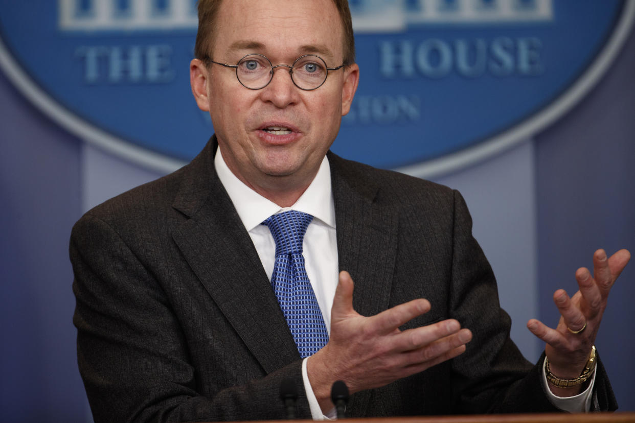 Director of the Office of Management and Budget Mick Mulvaney speaks during a briefing on a possible government shutdown at the White House, Friday, Jan. 19, 2018. (AP Photo/Evan Vucci)