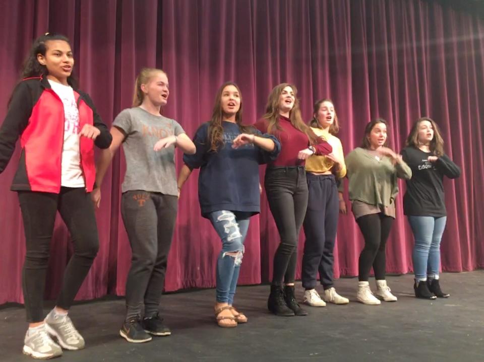 Devanshi Barot, Kayley Siler, Maddy Dishner, Anna Jons, Alex Rysewyk, Katie Thorpe and Leila Dillon strut their stuff in a rehearsal for “Boogie Woogie Bugle Boy.” November 7, 2018.