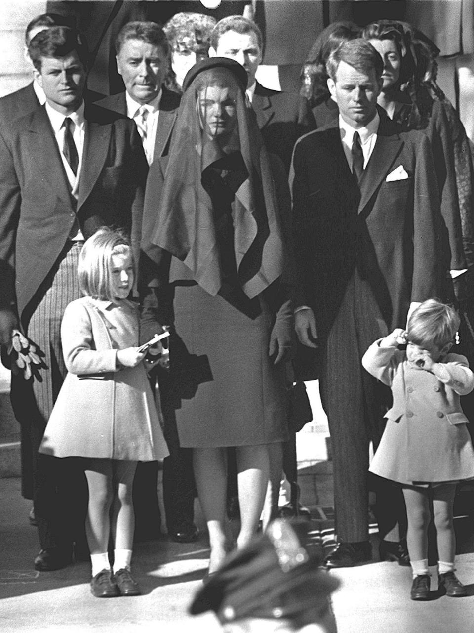 Jackie at the funeral: Jacqueline Kennedy, her two children Caroline and John Jr, as well as brothers-in-law Ted (left) and Robert (right) (Getty)