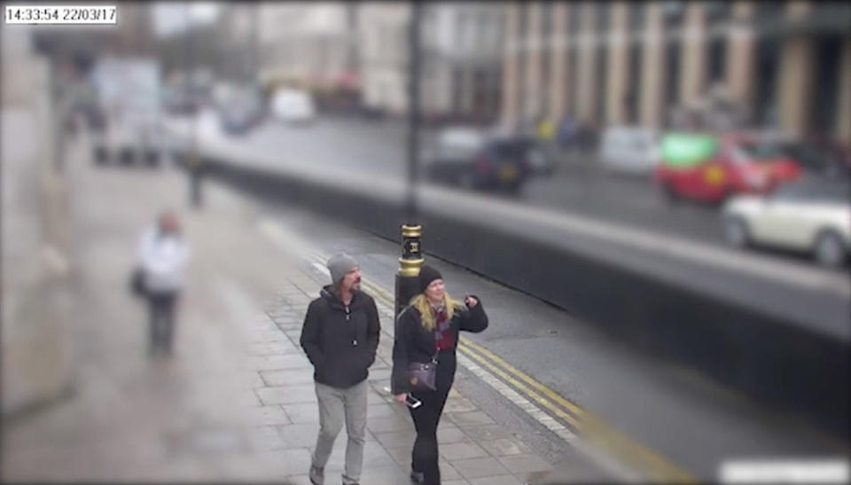 CCTV footage shows Kurt Cochran and wife Melissa walking on to Westminster Bridge moments before the attack (Picture: PA)