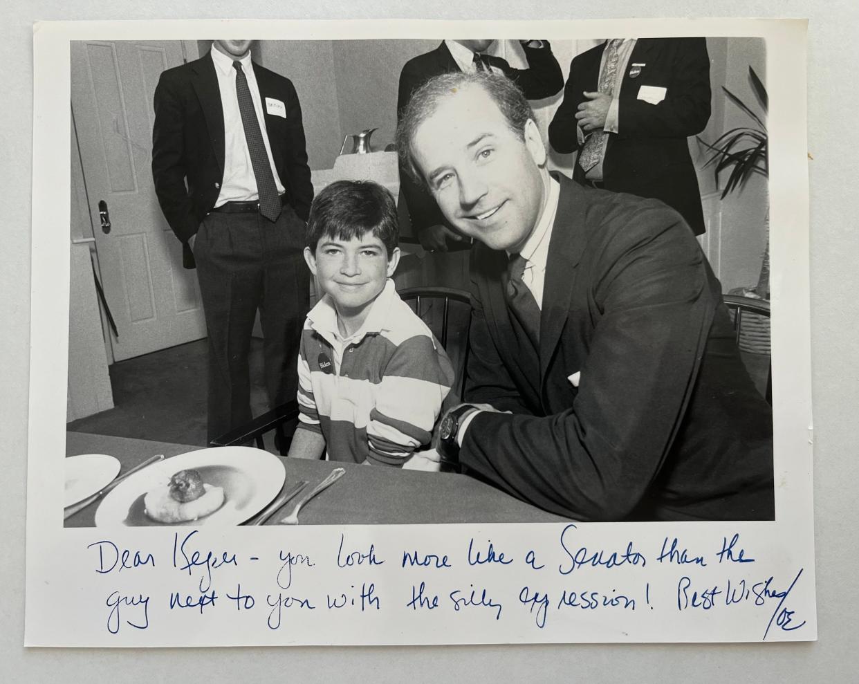 Democrat Joe Biden, who first ran for president in 1988, was a senator when he signed this photo taken with Keper Connell. The image was captured by Connell's mother, Seacoast freelance photographer Marianne Pernold (1944-2018).