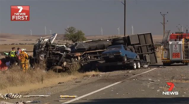 A fatal crash scene involving a truck and car. Source: 7News