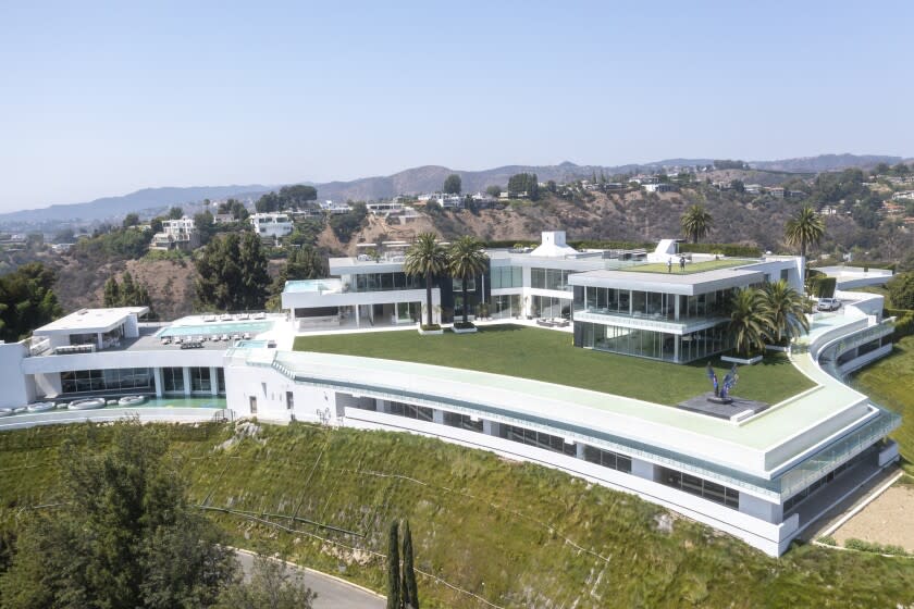 Beverly Hills, CA - September 08: An aerial view of &quot;The One Bel Air&quot;, a 105,000-square-foot mansion with a sky deck and putting green, night club, several swimming pools, a 50-seat theater, a four-lane bowling alley and more by Nile Niami of Skyline Development and designed by Paul McClean (McClean Design). The One is shown by court-appointed receiver Ted Lanes, who now controls the property and is in charge of finding a buyer and paying off the lenders and other creditors, gives a tour of The One, the 105,000 square foot house on sale in Bel Air. This is apparently the largest home for sale in the United States. The developer Nial Niami &quot;listed&quot; it for $500 million but got into financial trouble and was foreclosed upon by Don Hankey. Photo taken in Bel Air on Wednesday, Sept. 8, 2021 in Beverly Hills, CA. (Allen J. Schaben / Los Angeles Times)