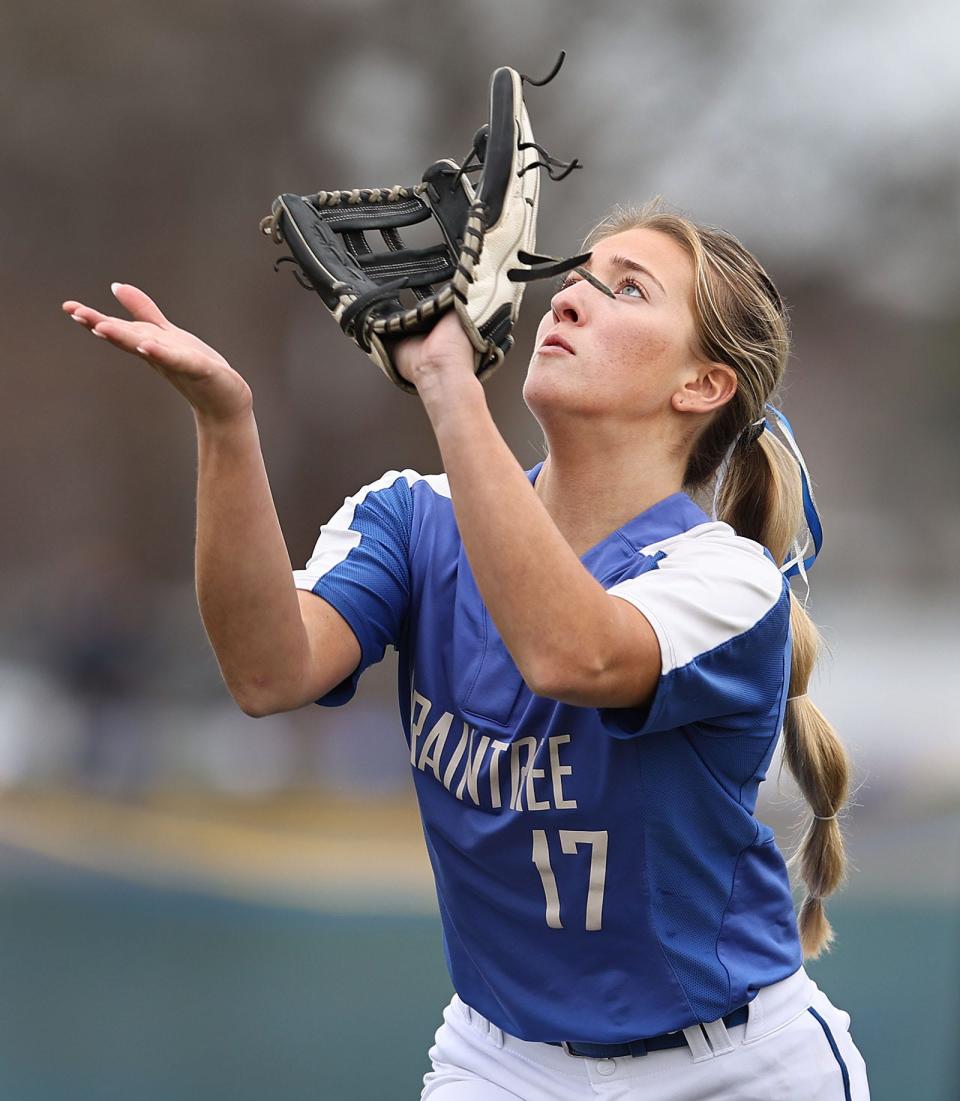 Wamps infielder Gabby Diaute makes a catch on a pop up near first base.
The Braintree Wamps host the Weymouth Wildcats in softball at Braintree High on Wednesday April 10, 2024