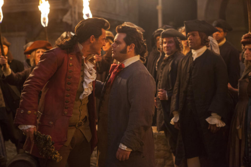 Luke Evans and Josh Gad in Beauty and the Beast. (Disney)