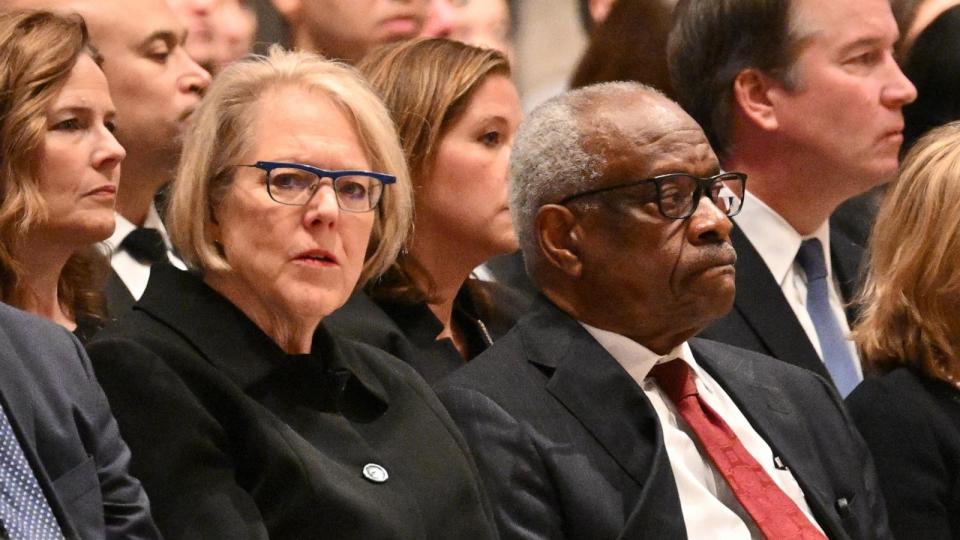 PHOTO: In this Dec. 19, 2023, file photo, Supreme Court justice Clarence Thomas and his wife Ginni Thomas attend a memorial service for former US Supreme Court Justice Sandra Day O'Connor at the National Cathedral in Washington, D.C. (Mandel Ngan/AFP via Getty Images, FILE)