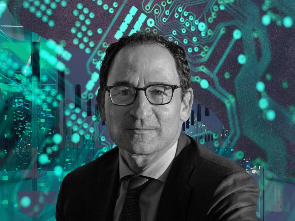 A portrait of the president of Blackstone, Jonathan Gray, is set before a background of a teal circuit board overplayed over an image of a data center