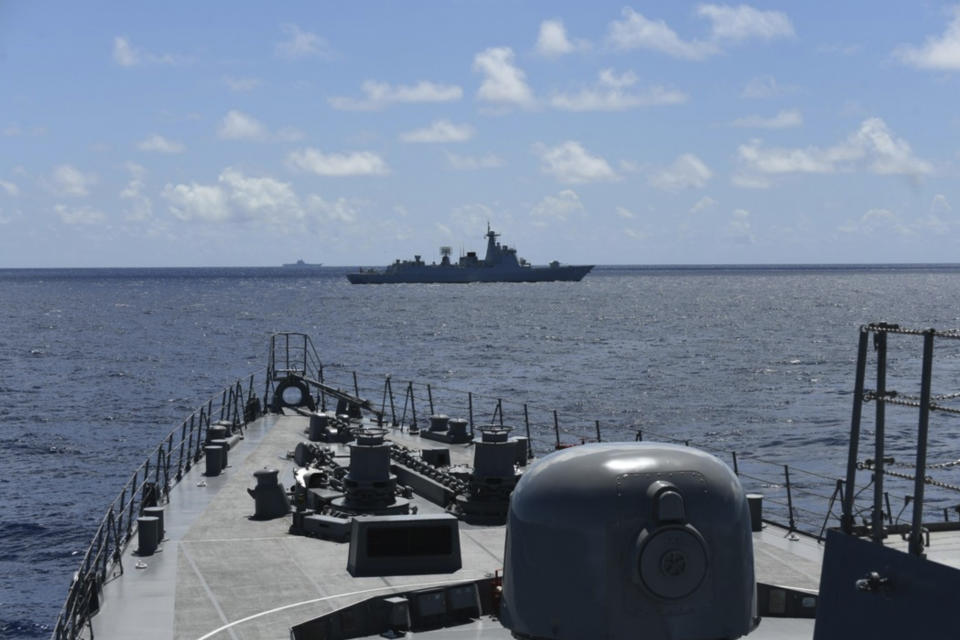 In this photo provided by Japan’s Joint Staff Office, the Chinese navy’s Shandong carrier task force is seen from the Japanese destroyer Akebono, on July 9, 2024, in the Philippine Sea. Four Chinese military ships were spotted in the Bering Sea off Alaska on July 10, 2024, a week after the Chinese navy began its annual joint patrol with the Russian navy in the Pacific Ocean. (Japan’s Joint Staff Office via AP)
