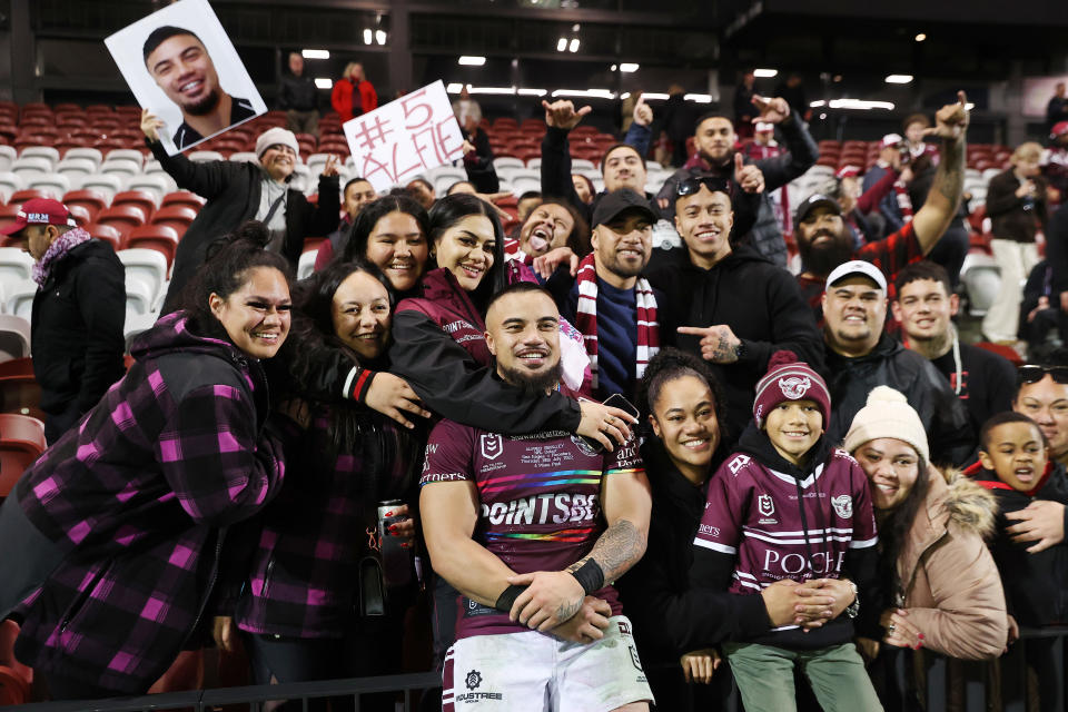 Alfred Smalley, pictured here with family and friends after Manly's loss to the Roosters.