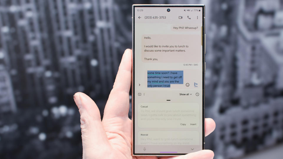 Samsung Galaxy S24 Ultra showing AI writing style tools