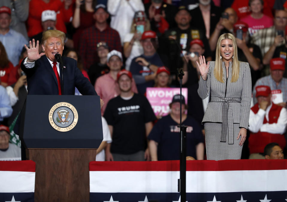 Ivanka Trump, right, waves as she is introduced by President Donald Trump speaks during a campaign rally Monday, Nov. 5, 2018, in Cape Girardeau, Mo. (Photo: Jeff Roberson/AP)