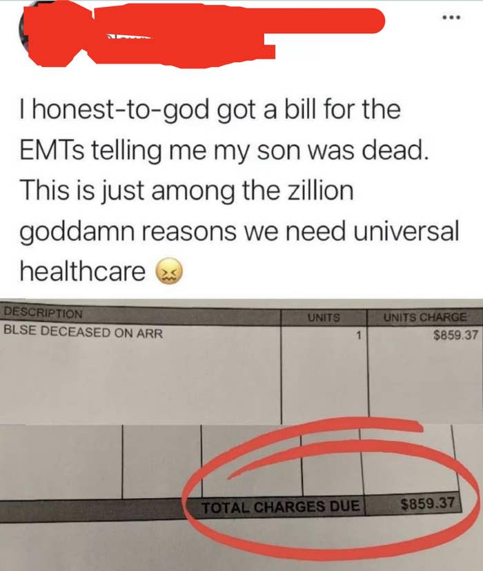 Tweet: "I honest-to-god got a bill for the EMTs telling me my son was dead. this is just among the zillion goddamn reasons we need universal healthcare" with a bill for $859