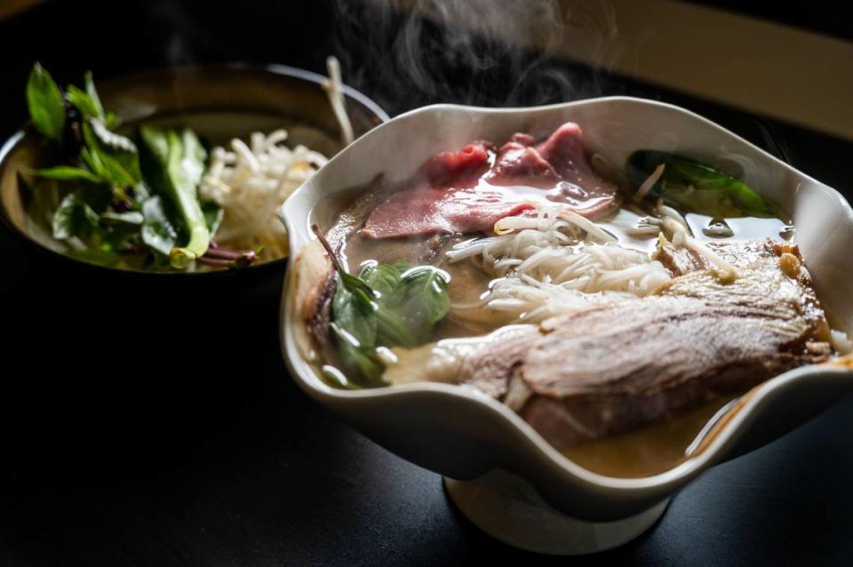 A bowl of takeout pho from Phở Xe Lua, served at home durng the coronvirus pandemic in March. The restaurant has one of the tastiest beef broths in Sacramento’s Little Saigon.