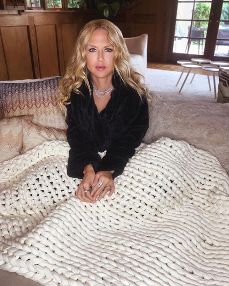 The celebrity stylist and designer was pictured lounging around with her Tree Napper weighted blanket from Bearaby. Made entirely from plant-based tree fabric, the chunky blanket is not only soft and sustainable, but also highly breathable, as well. The color <a href="https://www.instagram.com/p/BwkRrUeAY9X/?utm_source=ig_share_sheet&igshid=37uercy5y9j" rel="nofollow noopener" target="_blank" data-ylk="slk:pictured;elm:context_link;itc:0;sec:content-canvas" class="link ">pictured</a> is May Lily. <strong>Buy It!</strong> $249; <a href="https://bearaby.com/products/tree-napper?variant=21375549407321" rel="nofollow noopener" target="_blank" data-ylk="slk:bearaby.com;elm:context_link;itc:0;sec:content-canvas" class="link ">bearaby.com</a>