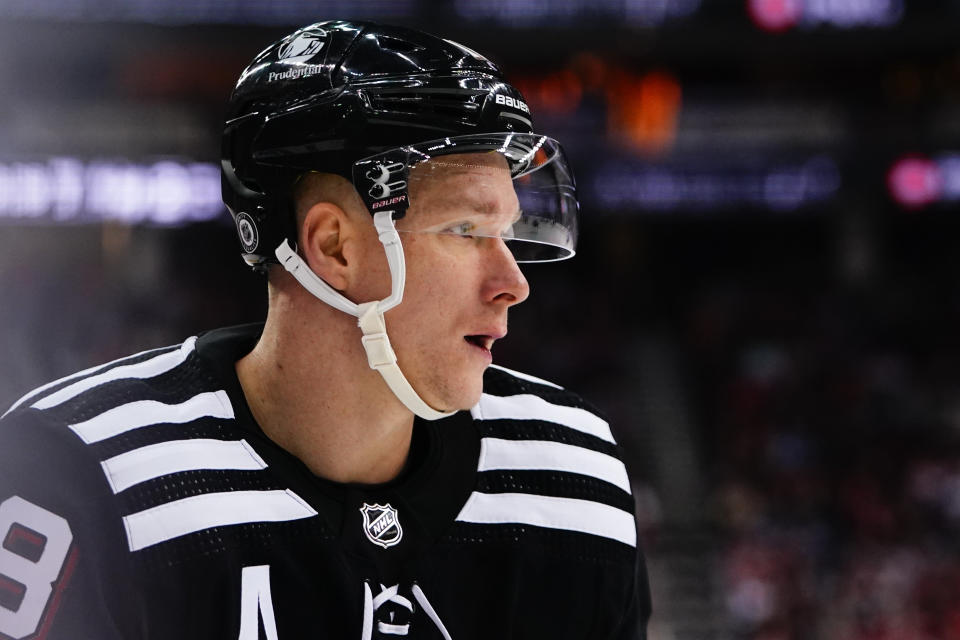 New Jersey Devils' Ondrej Palat skates during the third period of the team's NHL hockey game against the St. Louis Blues on Thursday, Jan. 5, 2023, in Newark, N.J. The Blues won 5-3. (AP Photo/Frank Franklin II)