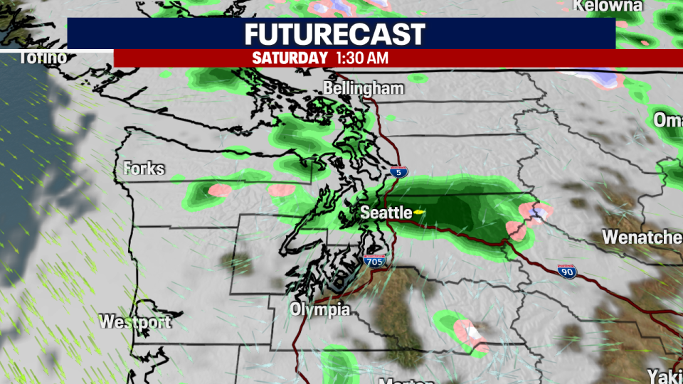 <div>Futurecast showing the Puget Sound Convergence Zone setting up early Saturday morning.</div> <strong>(FOX 13 Seattle)</strong>