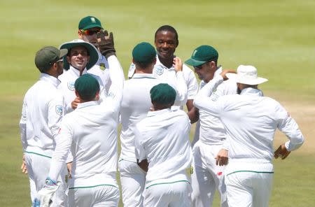 Cricket - South Africa v Sri Lanka - Second Test cricket match - Newlands Stadium, Cape Town, South Africa - 5/1/17 - South Africa's Kagiso Rabada celebrates as he takes the wicket of Sri Lanka's Angelo Mathews. REUTERS/Mike Hutchings