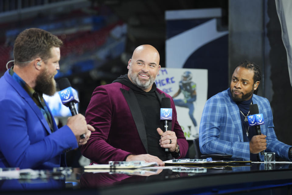 Amazon Prime Video Thursday Night Football analyst Andrew Whitworth speaks prior to the game between the Dallas Cowboys and the Tennessee Titans on December 29, 2022. (Photo by Cooper Neill/Getty Images)