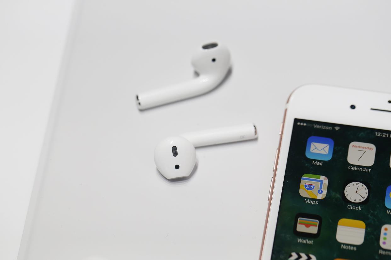 A pair of the new Apple AirPods are seen during a launch event on Sept. 7, 2016 in San Francisco, Calif.