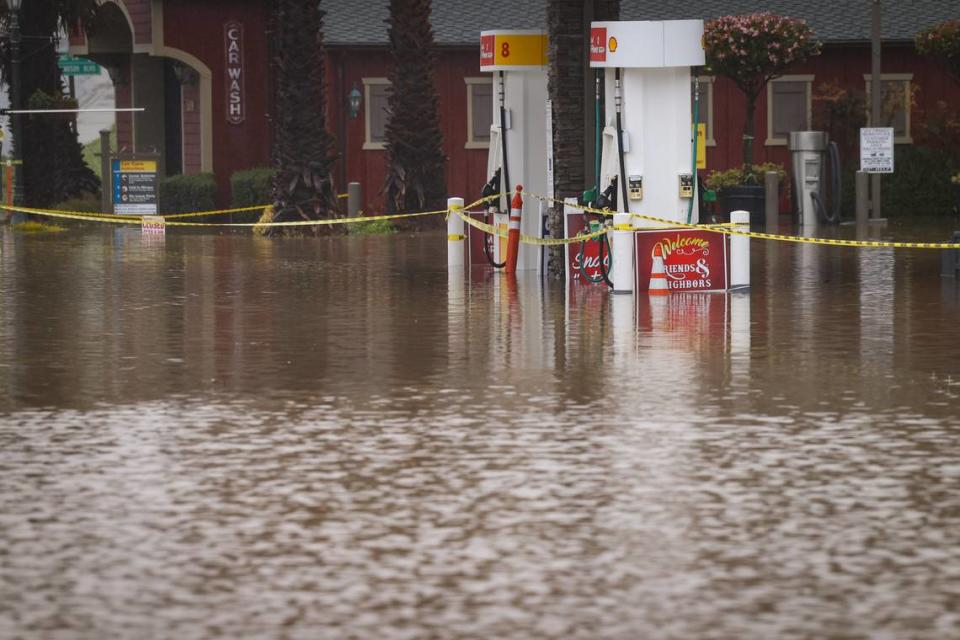 The Shell gas station in the West Village of Cambria was flooded March 10, 2023.