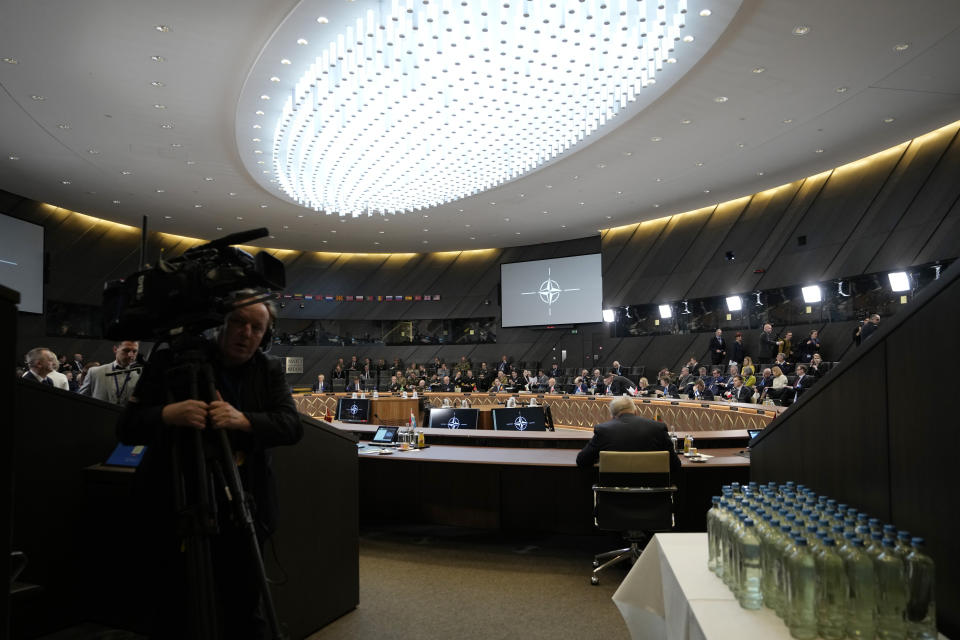 Defense Ministers of NATO countries begin a meeting of the North Atlantic Council in defense ministers session at NATO headquarters in Brussels, Thursday, Feb. 15, 2024. (AP Photo/Virginia Mayo)