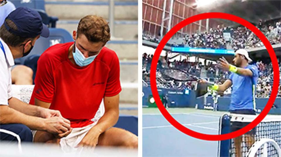 Matteo Berrettini (pictured right) redirecting applause to his injured opponent (pictured left) Oscar Otte getting attended for an injury.