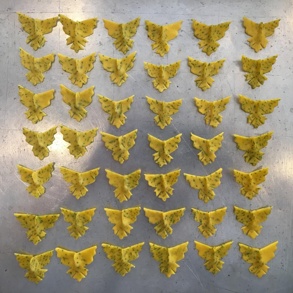 A flock of bird-shaped combas