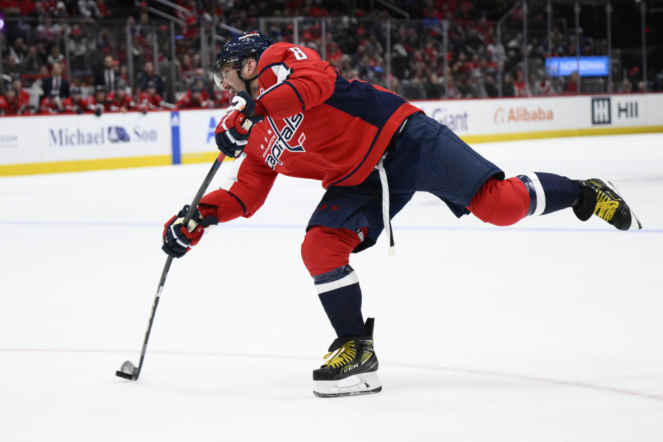 Washington Capitals left wing Alex Ovechkin shoots the puck during the first period of the team's NHL hockey game against the Toronto Maple Leafs, Tuesday, Oct. 24, 2023, in Washington. (AP Photo/Nick Wass)