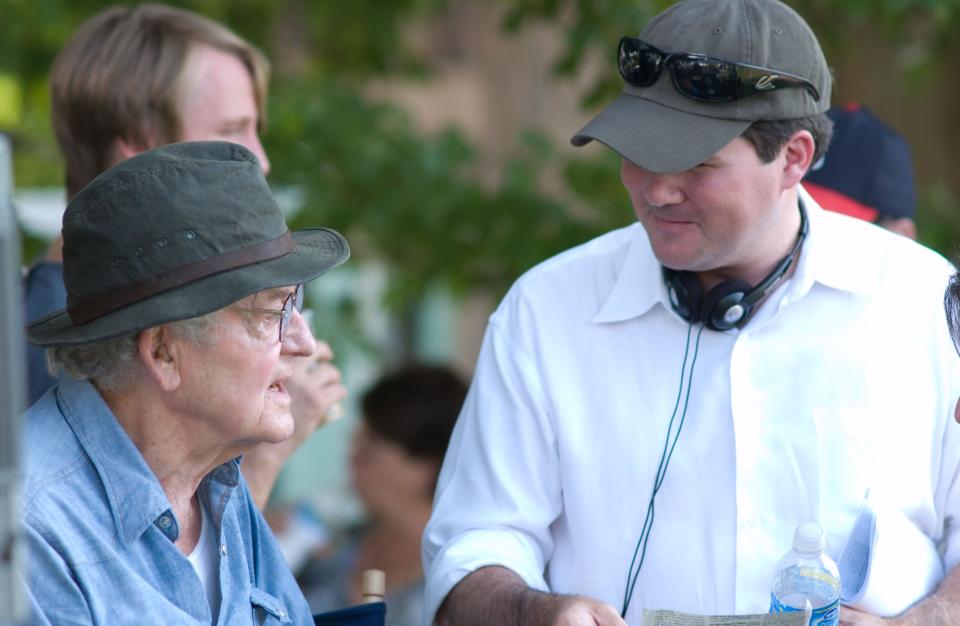 Actor Hal Holbrook, left, and co-executive producer Larsen Jay working on the film "I Hate to See That Evening Sun Go Down" in East Tennessee.