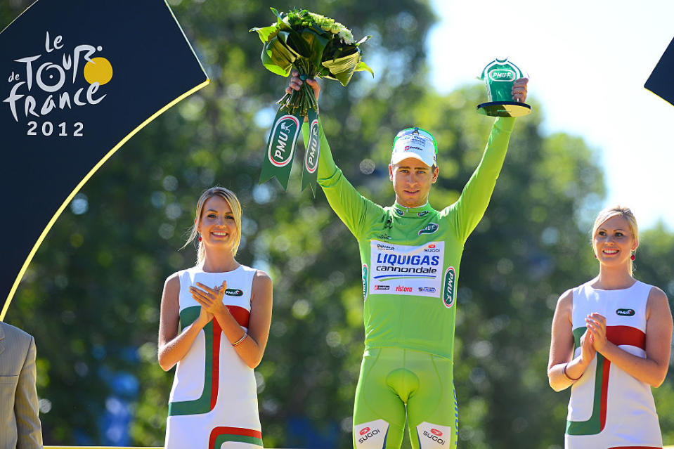 Paris 2012: Peter Sagan celebrates winning his first Tour de France green jersey